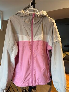 Columbia Pink and Light Gray Colorblock Hooded Windbreaker Jacket